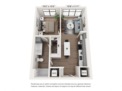 Floor plan for 1 bed, 1 bath, 663 sqft